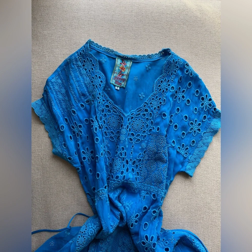 JOHNNY WAS Olympia Eyelet Midi Dress In Ocean Blue Size S - Picture 8 of 14